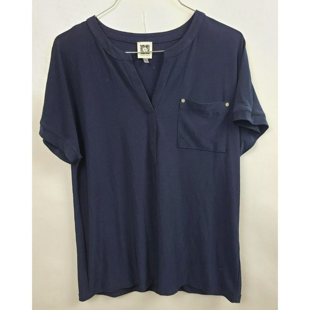 Anne Klein Navy Pocket Split Neck Short Sleeve Stretch Blouse Size Small